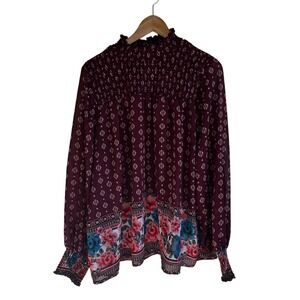 Derek Heart Smocked Blouse‎ Floral Print Long Sleeve Top Bohemian 2X